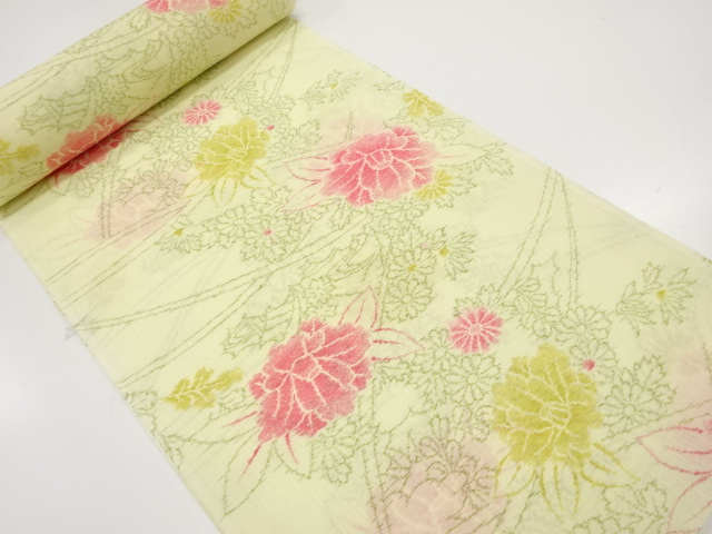 アンティーク　椿に菊模様　着尺反物